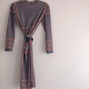 Vintage Geometric Patterned Belted Dress Blue Pink